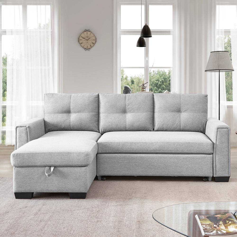 Tufted Sectional Chaise Sofa Sleeper with Storage in Light Grey. Picture 10