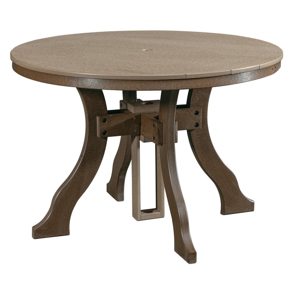 Dining Height Round Table in Weatherwood with a Tudor Brown Base. Picture 1