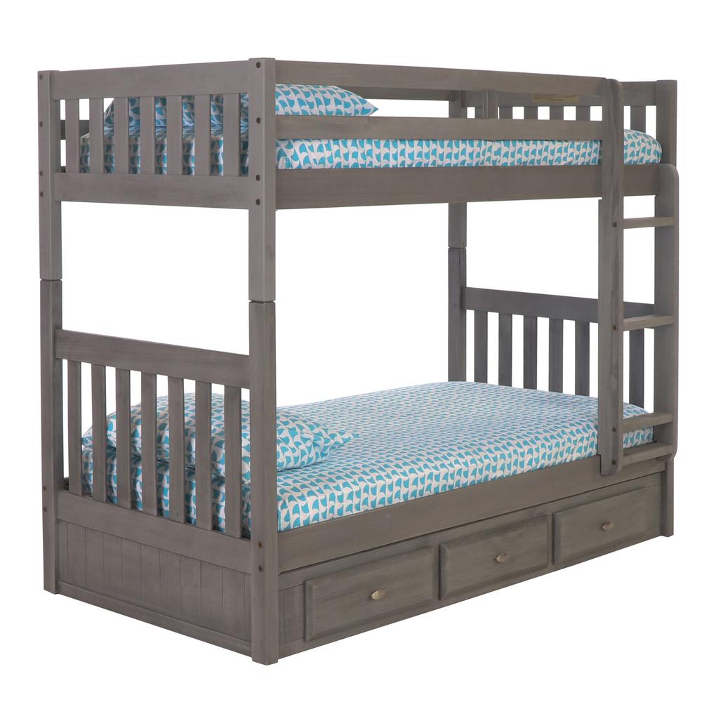 Solid Pine Twin/Twin Bunk Bed with Three Drawers in Charcoal Gray. Picture 2