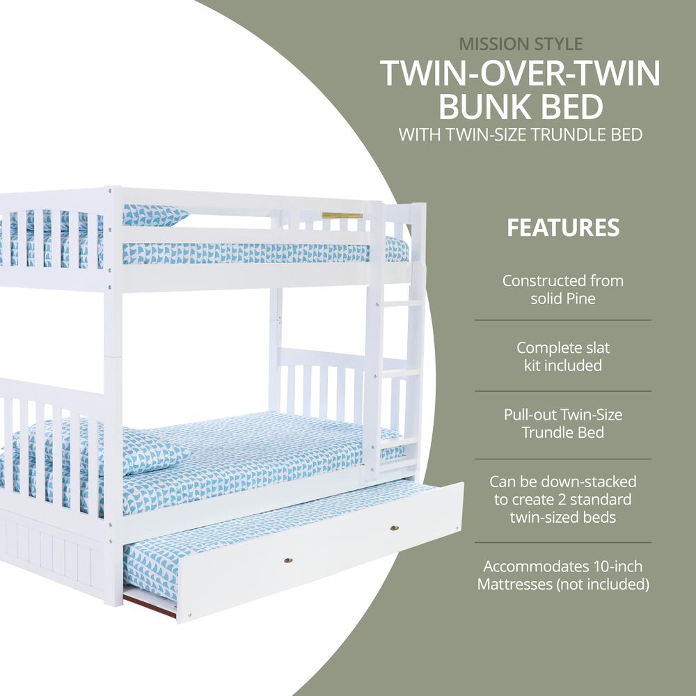 Solid Pine Twin over Twin Bunk Bed with Roll out Twin Trundle Bed. Picture 5