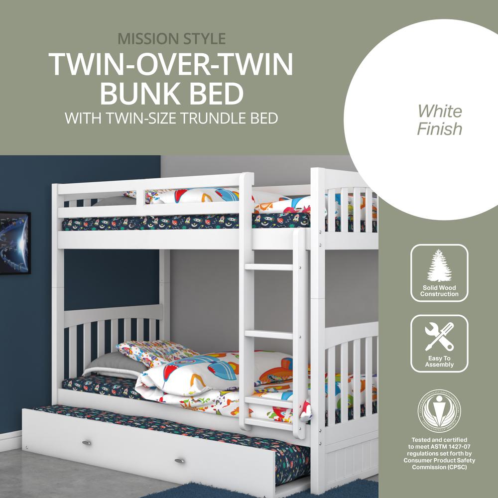 Solid Pine Twin over Twin Bunk Bed with Roll out Twin Trundle Bed. Picture 6