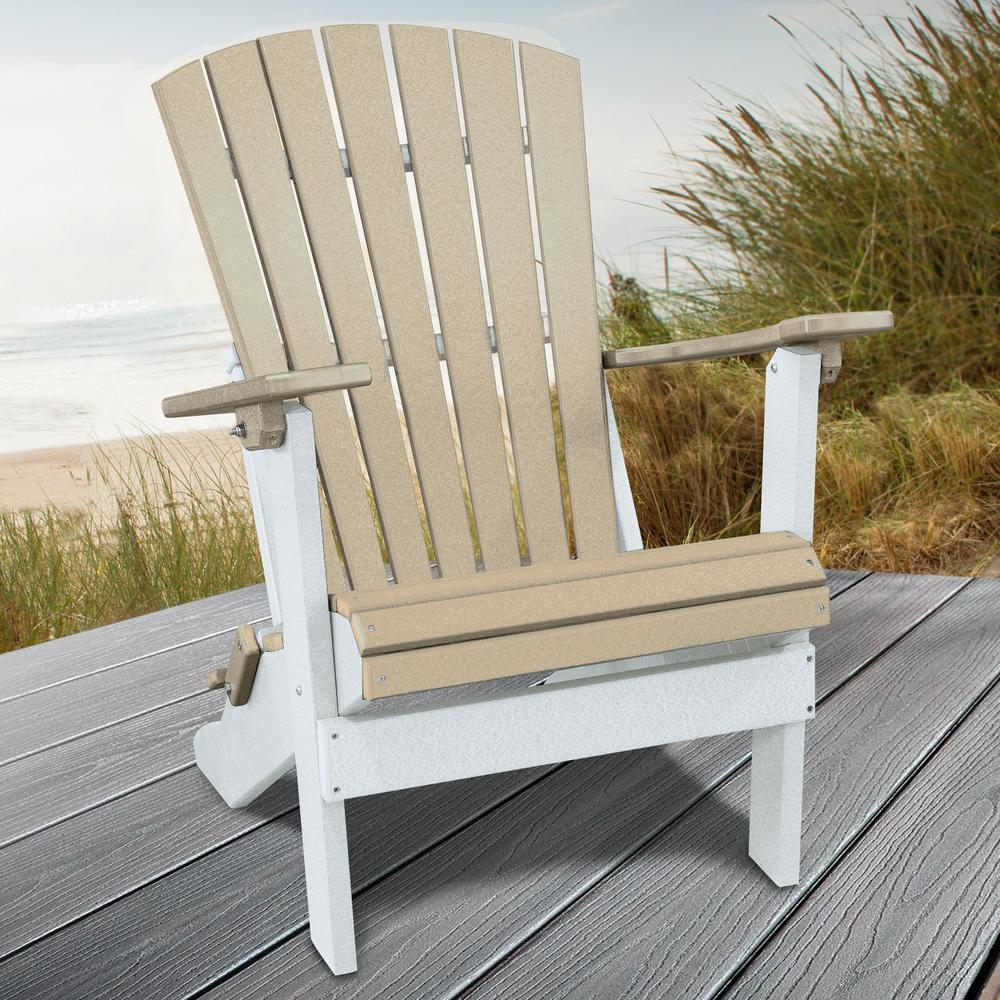 OS Home and Office Model 519WWWT Fan Back Folding Adirondack Chair in Weatherwood with a White Base, Made in the USA. Picture 1