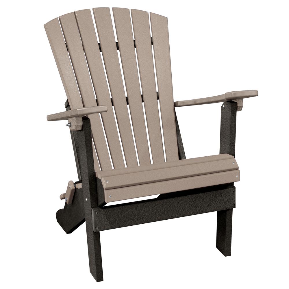 OS Home and Office Model 519WWBK Fan Back Folding Adirondack Chair in Weatherwood with a Black Base, Made in the USA. Picture 2