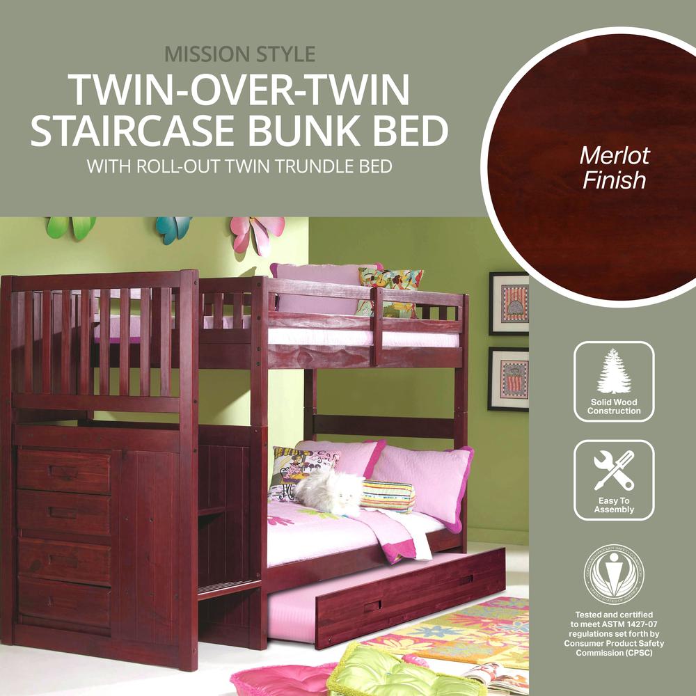 Solid Pine Mission Staircase Twin, Twin Bunk Bed with Drawer Chest, Trundle Bed. Picture 6