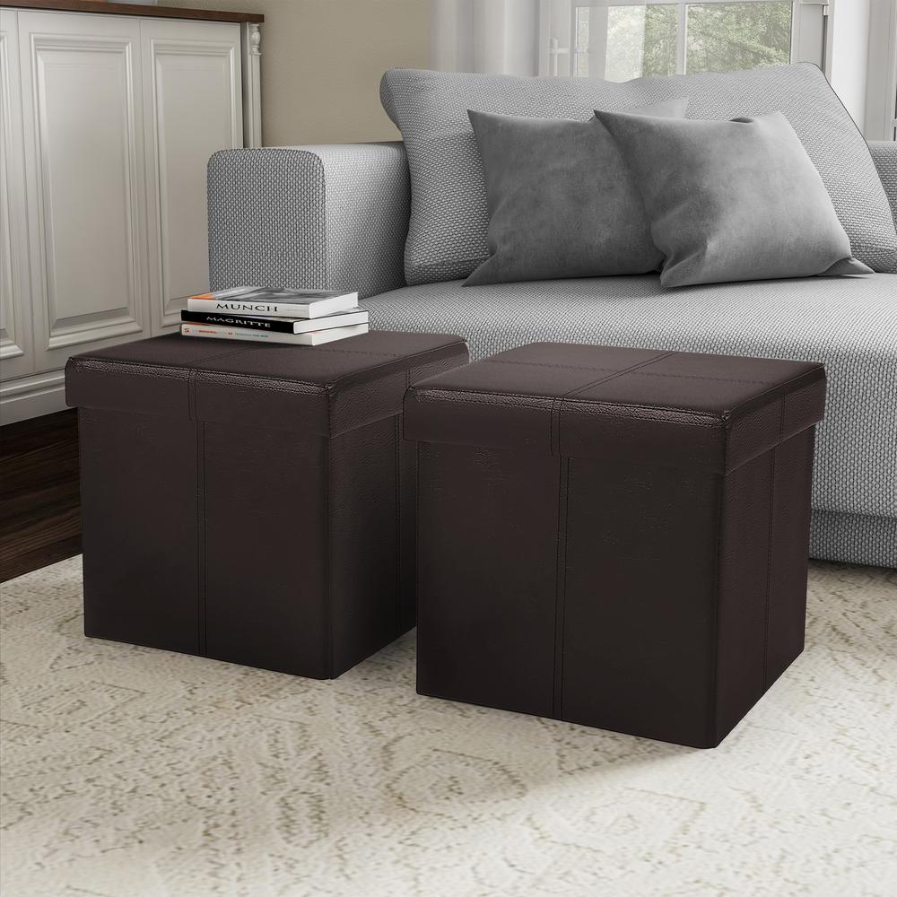 American Furniture Classics Model 514  3 pc Foldable Tufted Storage Bench and 2 Ottomans - Brown. Picture 2