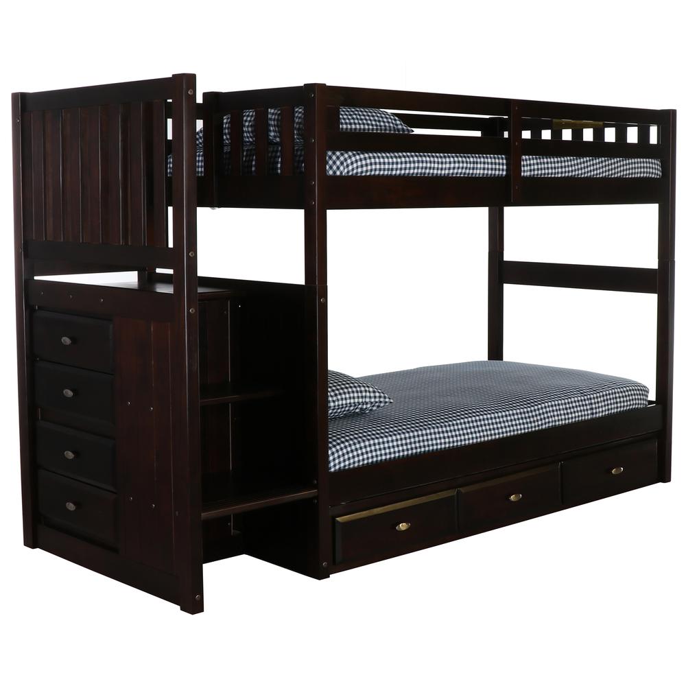 Mission Staircase Twin over Twin Bunk Bed with Seven Drawers. Picture 1