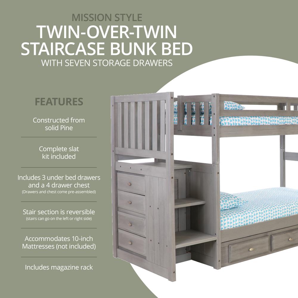 Solid Pine Mission Staircase Twin over Twin Bunk Bed with Seven Drawers. Picture 6