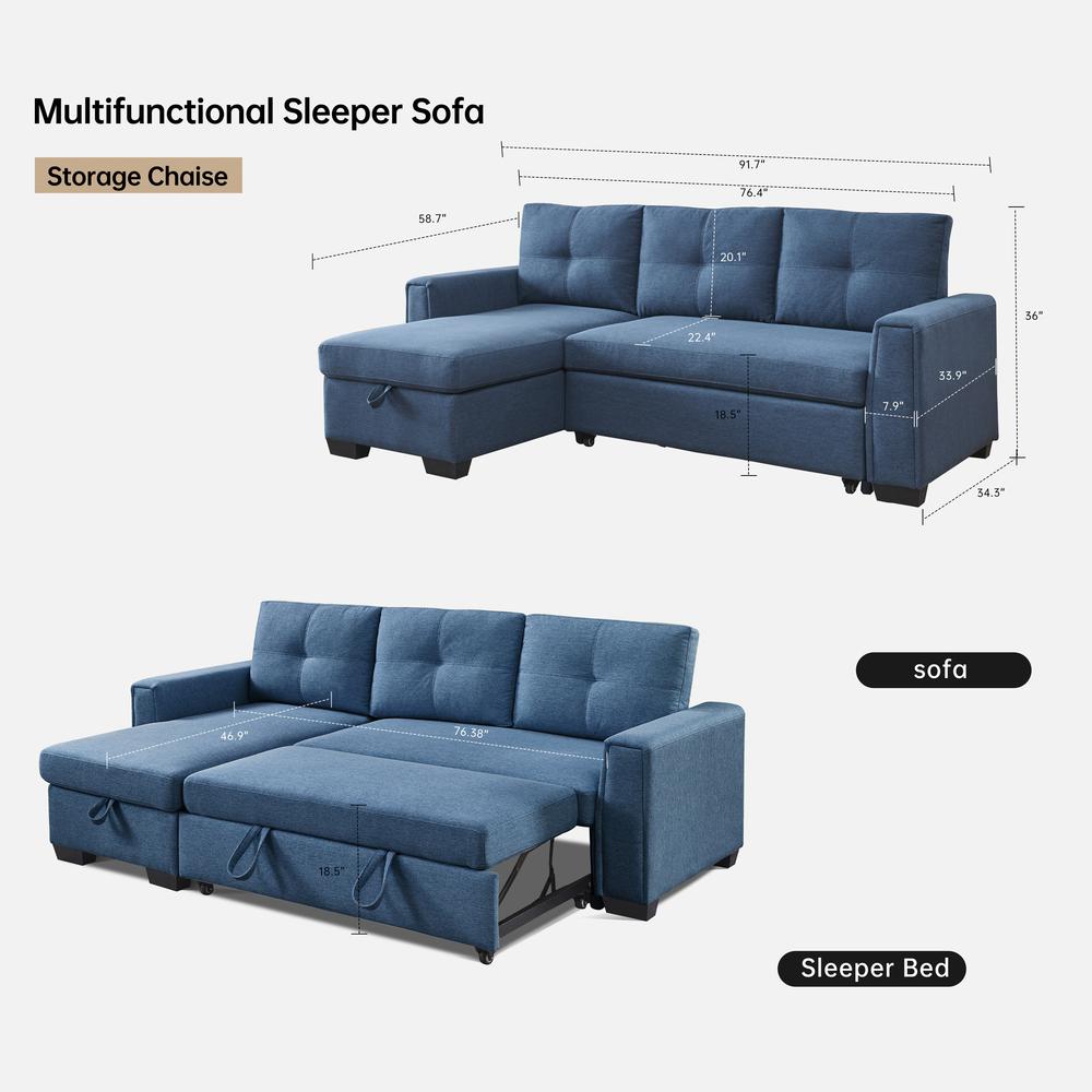 Tufted Sectional Chaise Sofa Sleeper with Storage in Blue. Picture 2
