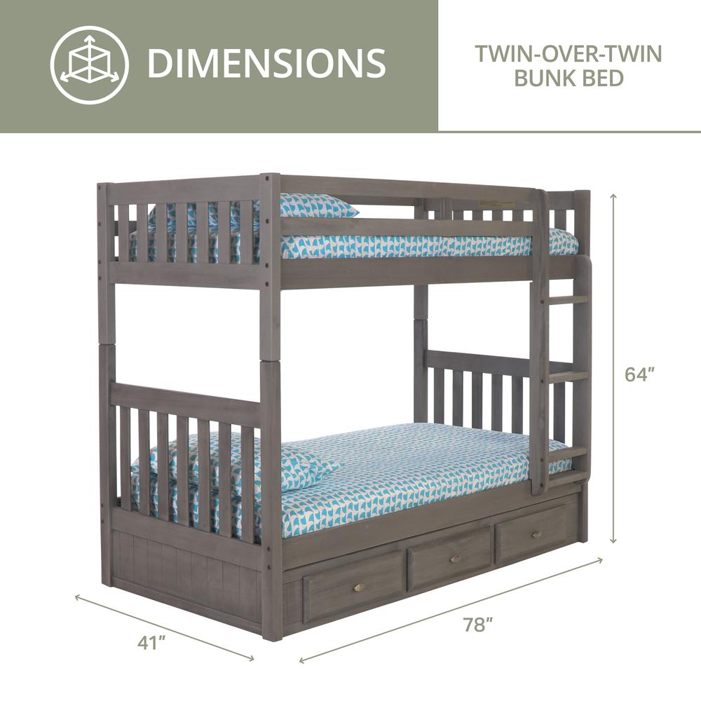 Solid Pine Twin/Twin Bunk Bed with Three Drawers in Charcoal Gray. Picture 5