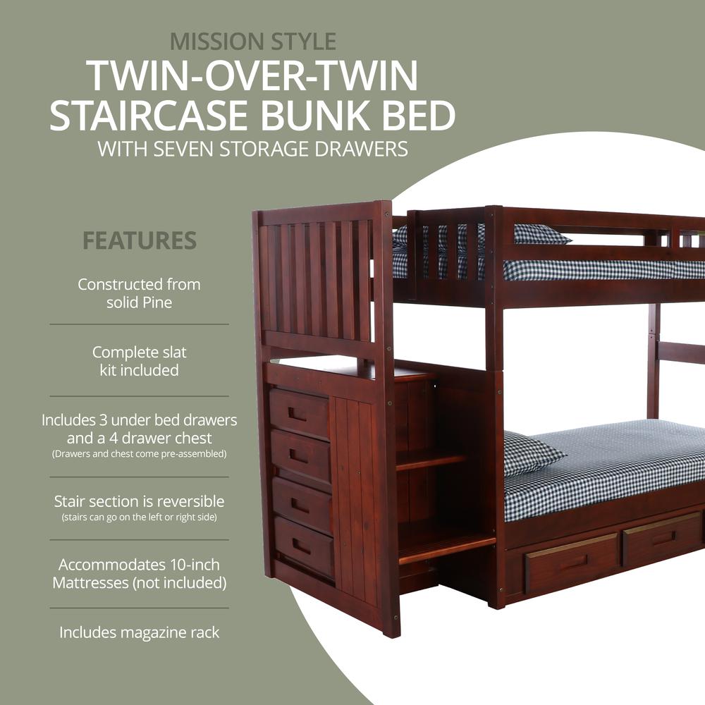 Solid Pine Mission Staircase Twin over Twin Bunk Bed with Seven Drawers. Picture 5