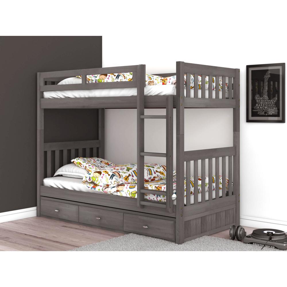 Solid Pine Twin/Twin Bunk Bed with Three Drawers in Charcoal Gray. Picture 9