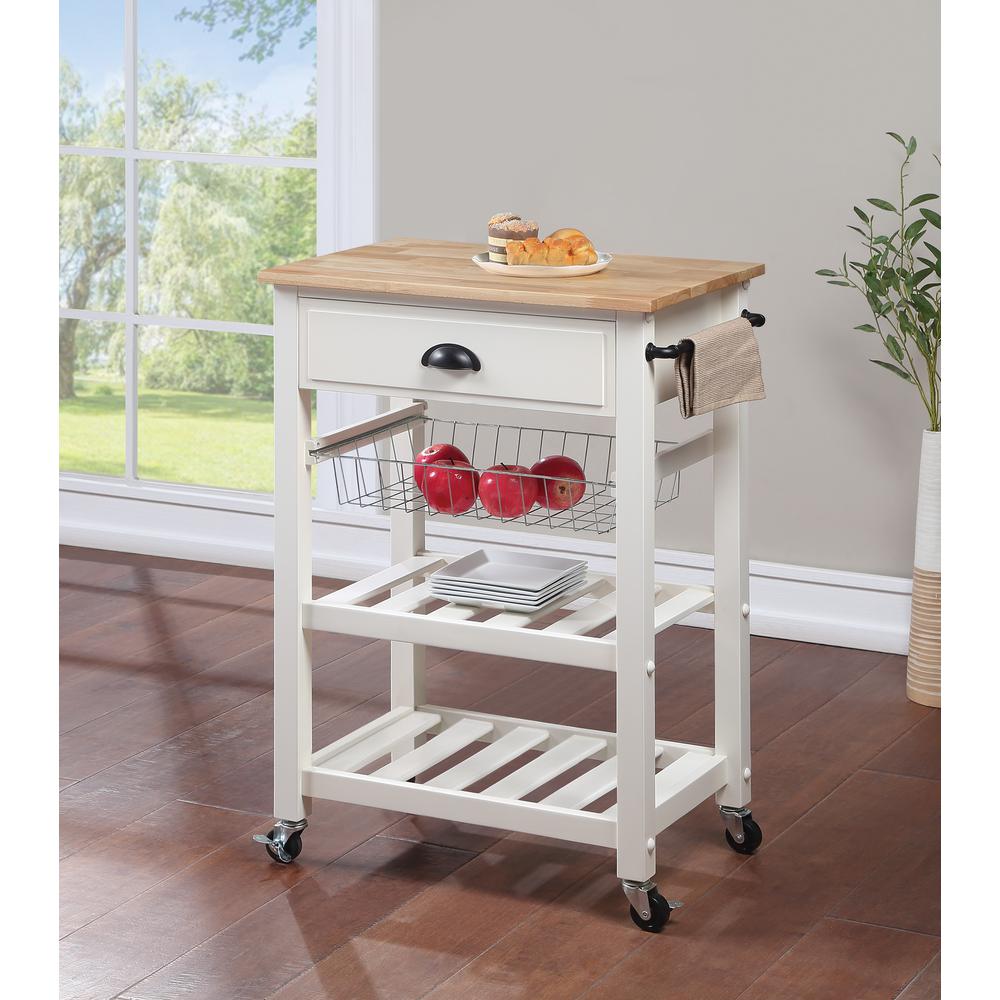 OS Home and Office Furniture Model HMPNW-11 Hampton Kitchen Cart in White with Solid Rubberwood Top. Picture 2