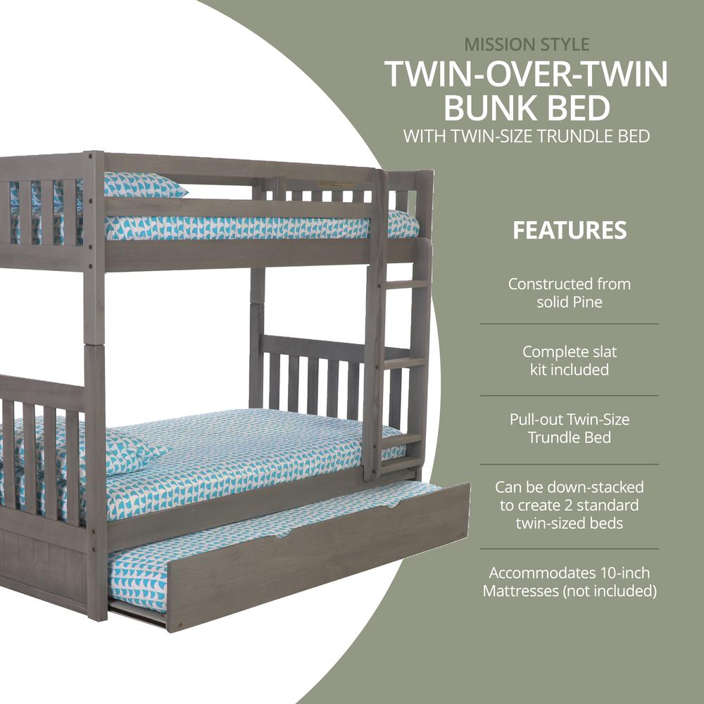Solid Pine Twin/Twin Bunk Bed with Twin Trundle in Charcoal Gray. Picture 6