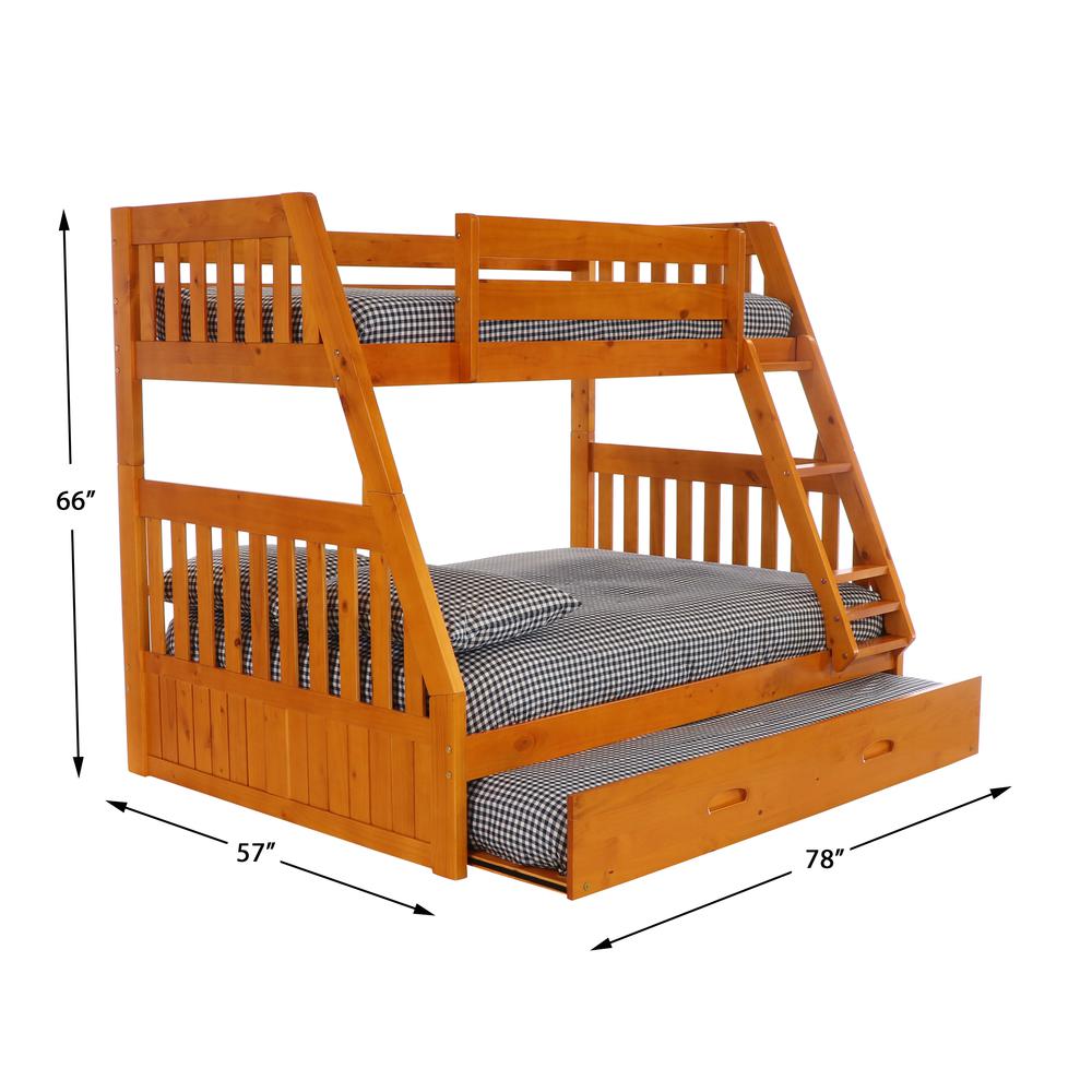 Solid Pine Mission Twin over Full Bunk Bed with Roll Out Twin Trundle Bed. Picture 2