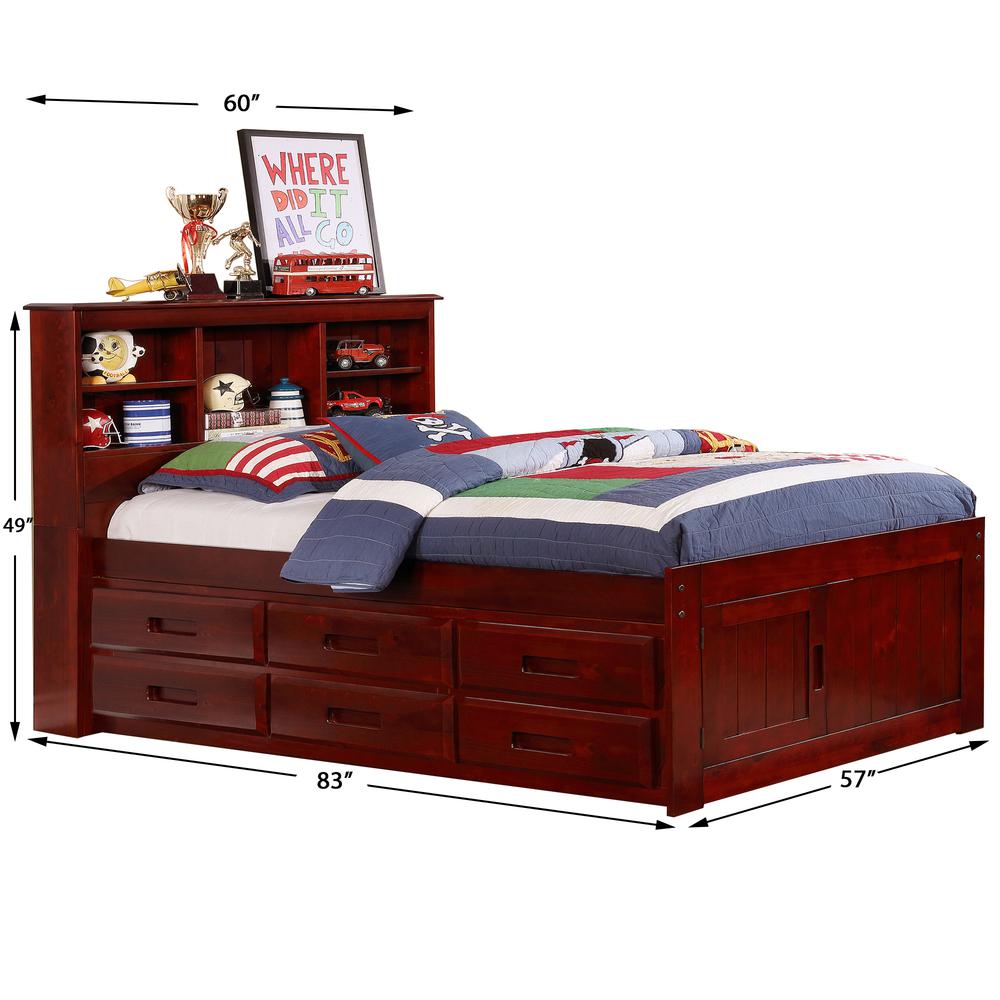 OS Home and Office Furniture Model 82821K6-22 Solid Pine Full Captains Bookcase Bed with 6 drawers in Rich Merlot. Picture 3