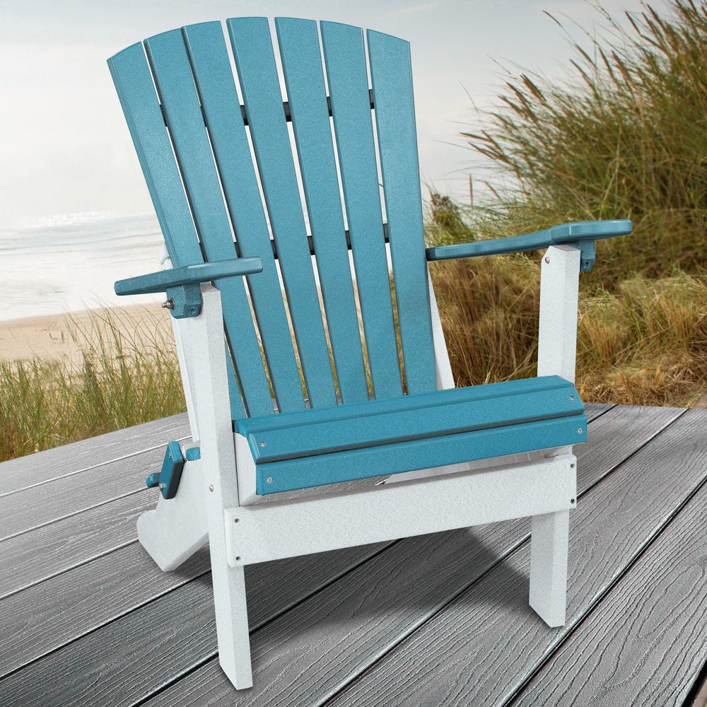 OS Home and Office Model 519ARW Fan Back Folding Adirondack Chair in Aruba Blue with a White Base, Made in the USA. Picture 1
