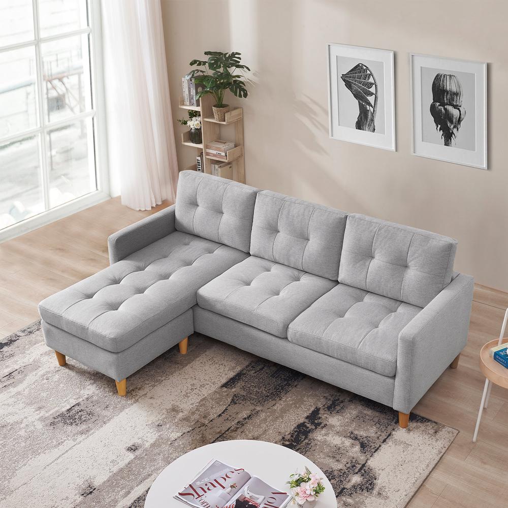 Two Piece Upholstered Tufted L Shaped Sectional with Ottoman in Light Grey. Picture 14