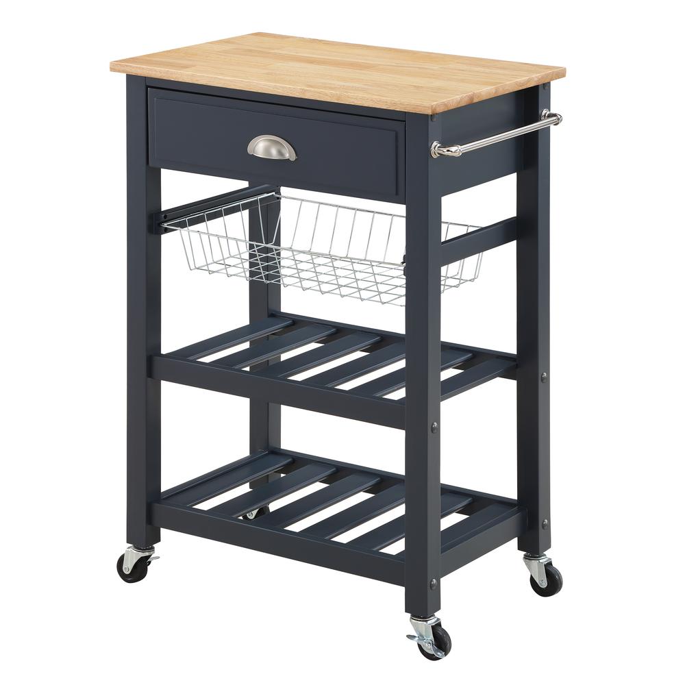 OS Home and Office Furniture Model HMPNW-70 Hampton Kitchen Cart in Blue with Solid Rubberwood Top. Picture 1