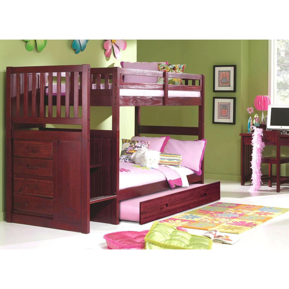 OS Home and Office Furniture Model 2817TTTRU-22, Solid Pine Mission Staircase Twin over Twin Bunk Bed with Four Drawer Chest and Roll Out Twin Trundle Bed in Rich Merlot.. Picture 4