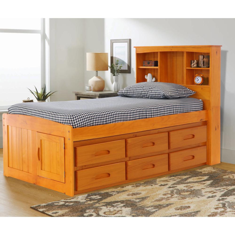 OS Home and Office Furniture Model 82120K6-22 Solid Pine Twin Captains Bookcase Bed with 6 drawers in Warm Honey. Picture 4