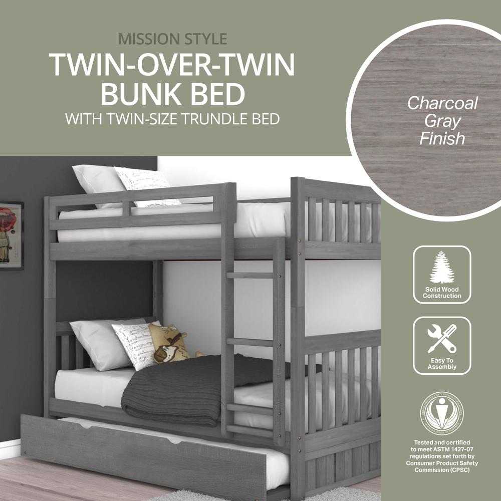 Solid Pine Twin/Twin Bunk Bed with Twin Trundle in Charcoal Gray. Picture 7