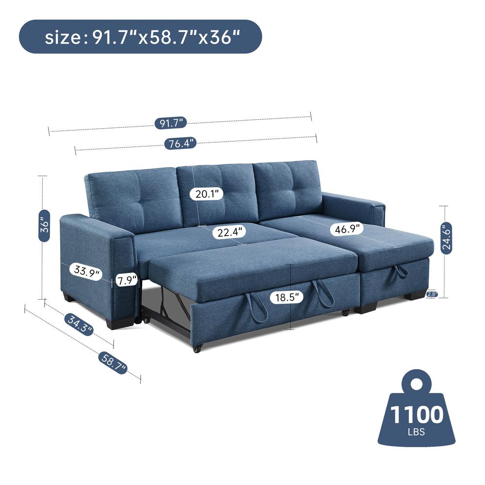 Tufted Sectional Chaise Sofa Sleeper with Storage in Blue. Picture 4