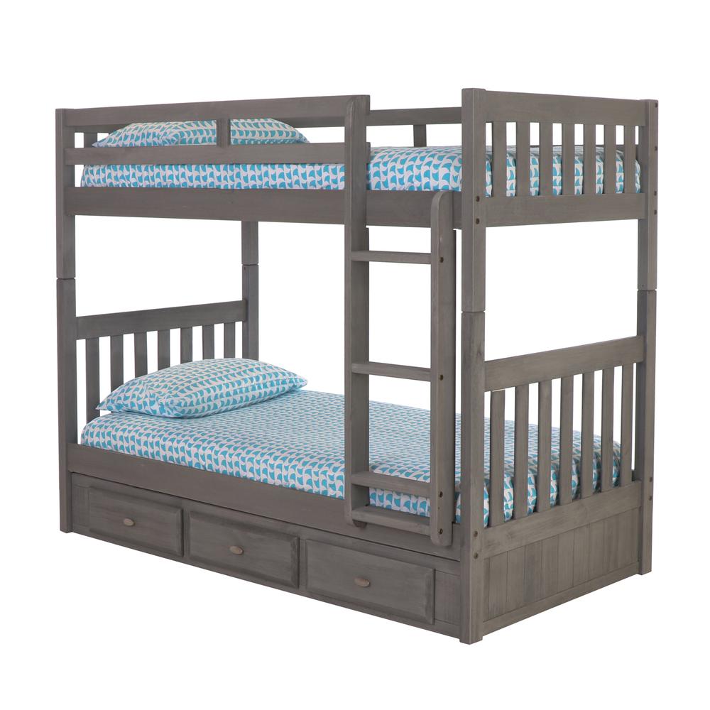Solid Pine Twin/Twin Bunk Bed with Three Drawers in Charcoal Gray. Picture 1
