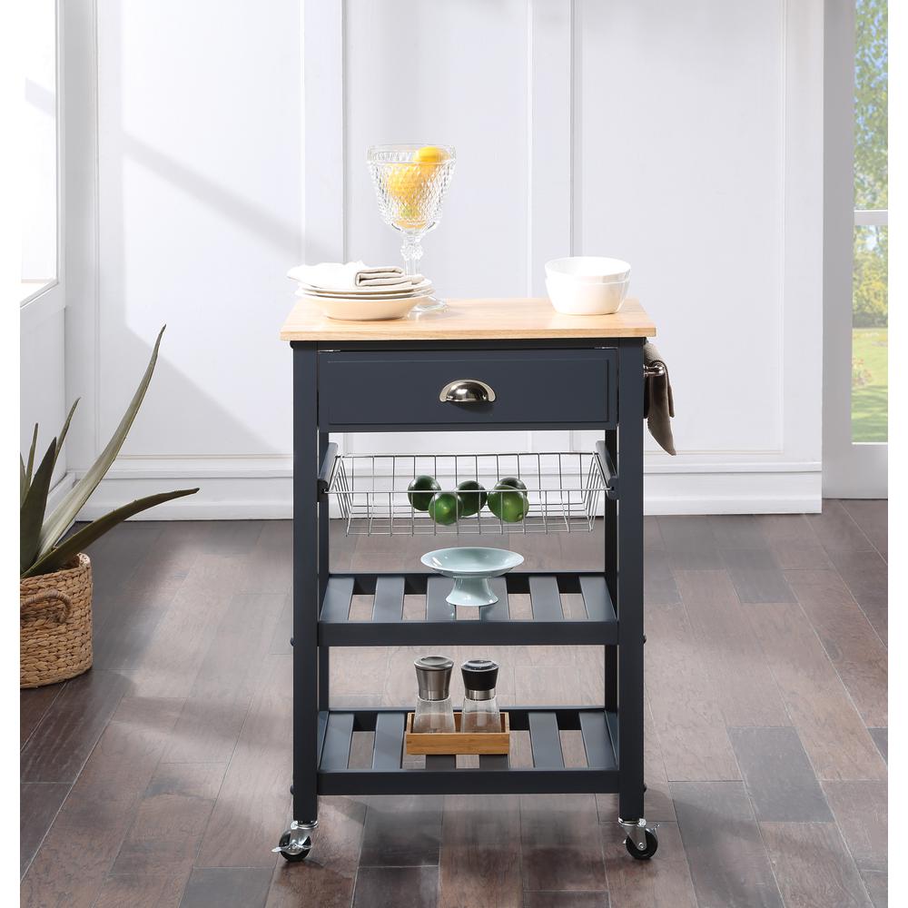 OS Home and Office Furniture Model HMPNW-70 Hampton Kitchen Cart in Blue with Solid Rubberwood Top. Picture 3
