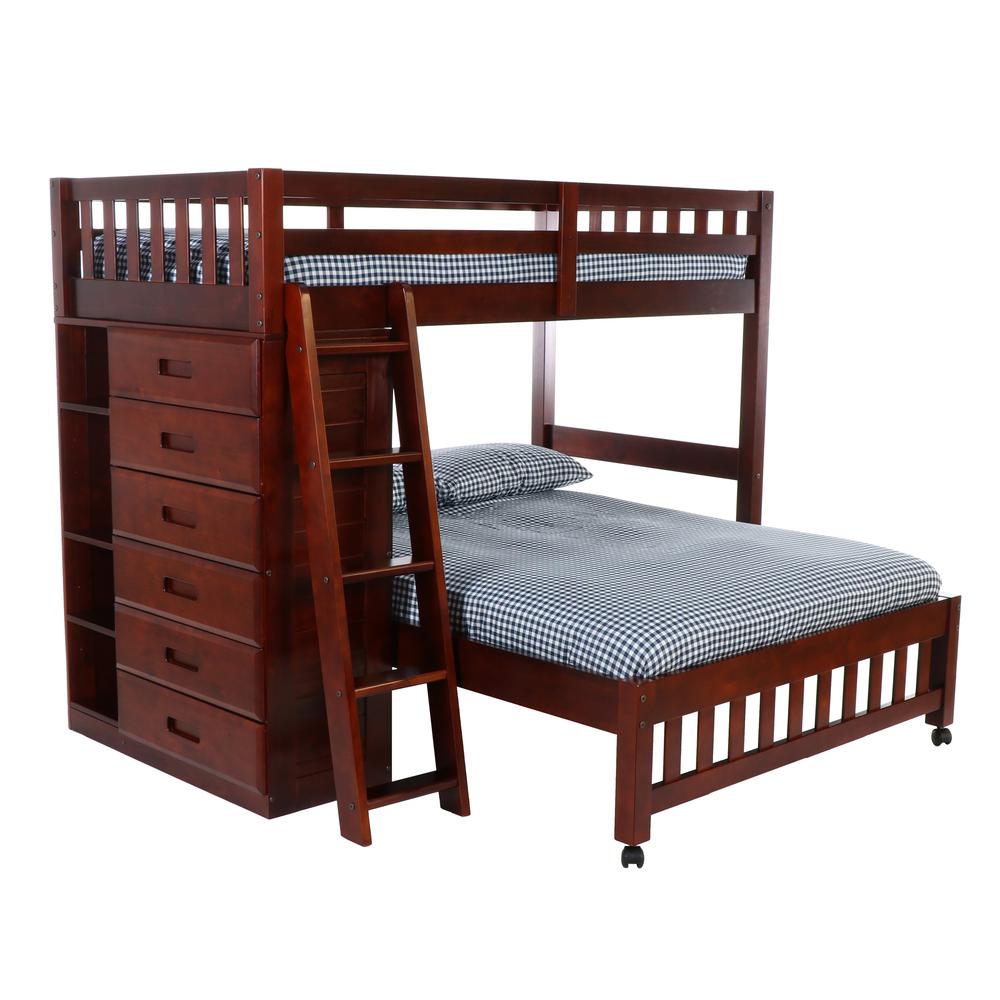 OS Home and Office Furniture Model 2806-22, Solid Pine Twin Over Full Loft Bed with Six Drawers in  Rich Merlot. Picture 2