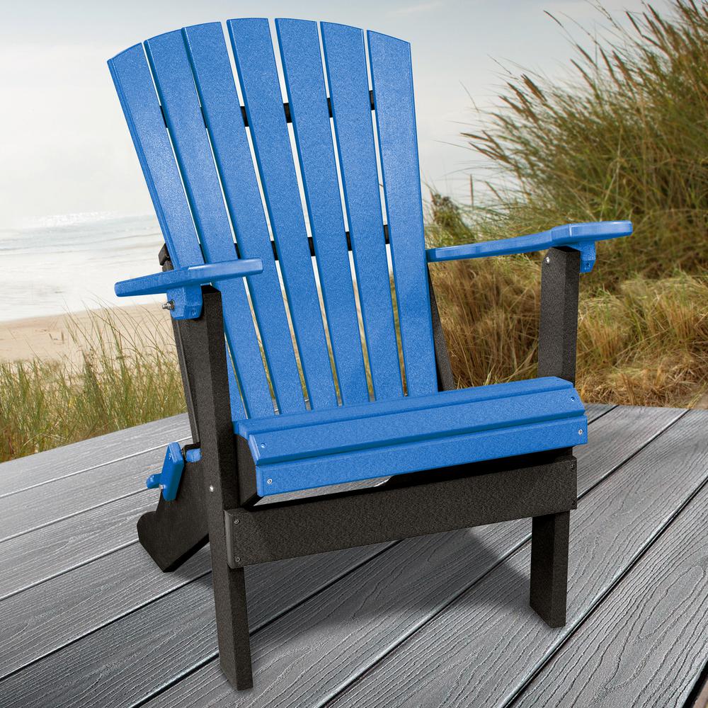 OS Home and Office Model 519BBK Fan Back Folding Adirondack Chair in Blue with a Black Base, Made in the USA. Picture 1