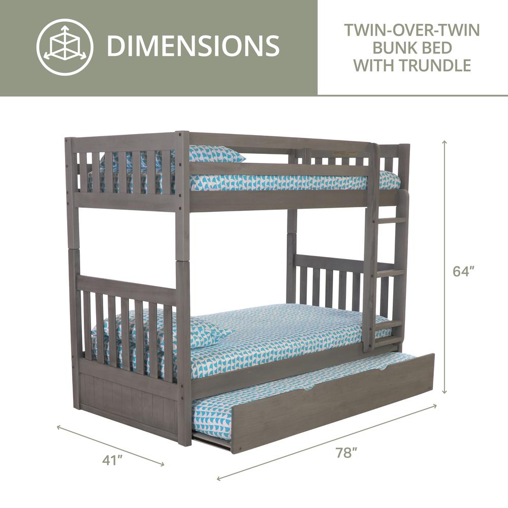 Solid Pine Twin/Twin Bunk Bed with Twin Trundle in Charcoal Gray. Picture 5