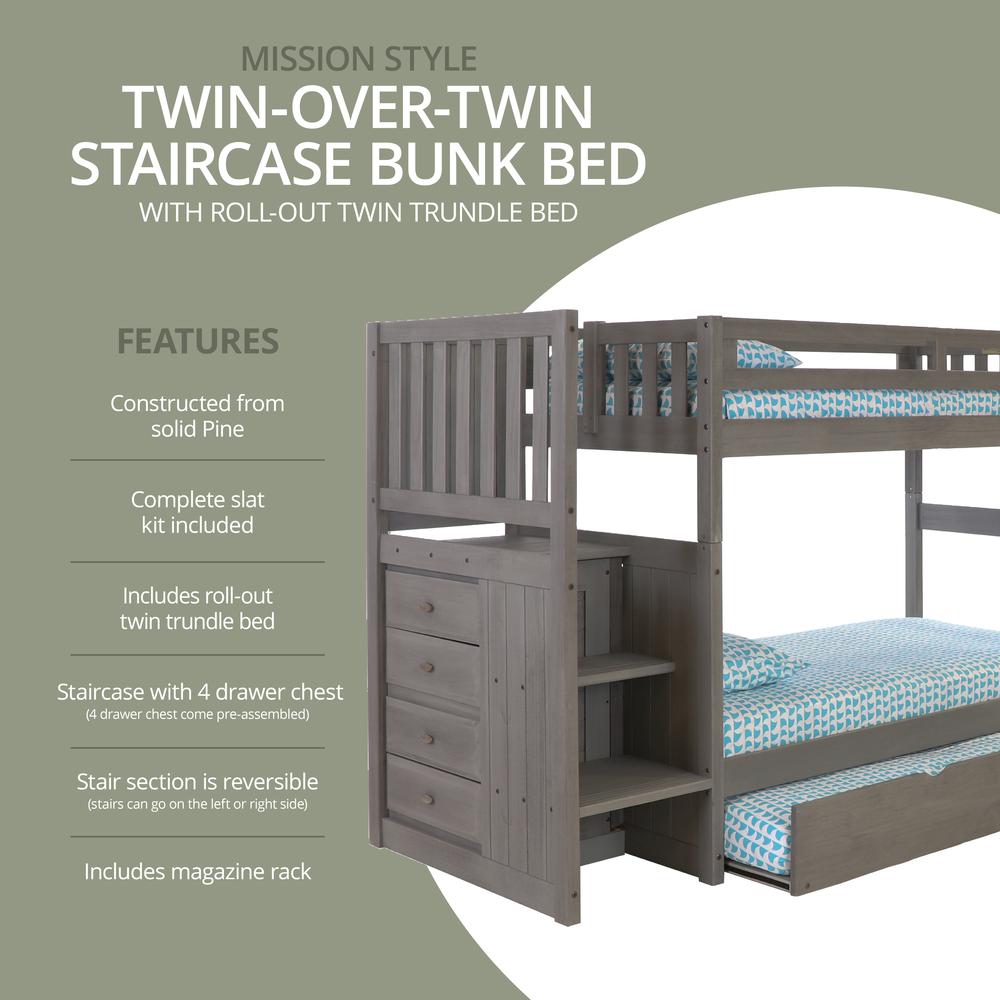 Solid Pine Mission Staircase Twin, Twin Bunk Bed with Drawer Chest, Trundle Bed. Picture 6
