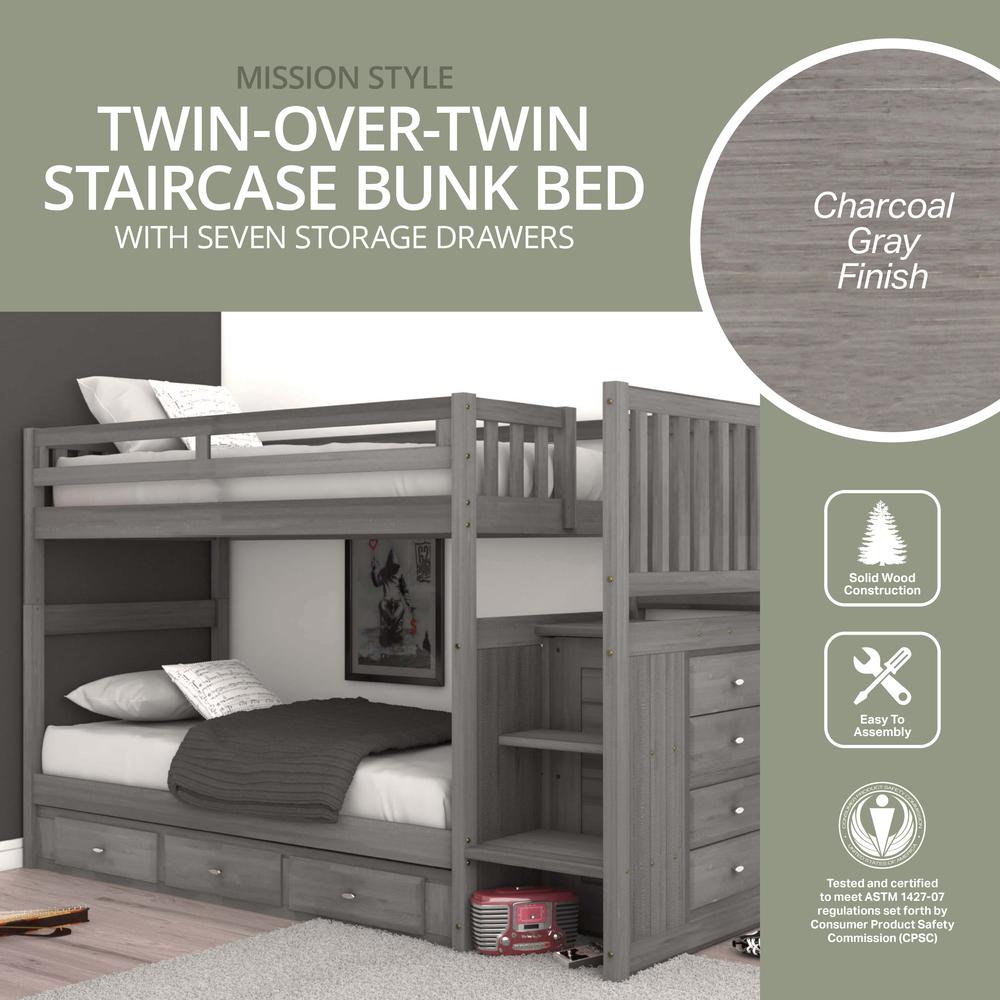 Solid Pine Mission Staircase Twin over Twin Bunk Bed with Seven Drawers. Picture 7