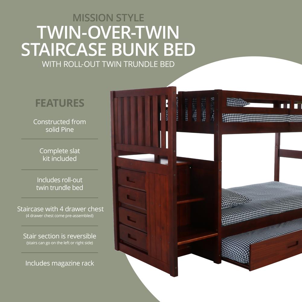 Solid Pine Mission Staircase Twin, Twin Bunk Bed with Drawer Chest, Trundle Bed. Picture 5