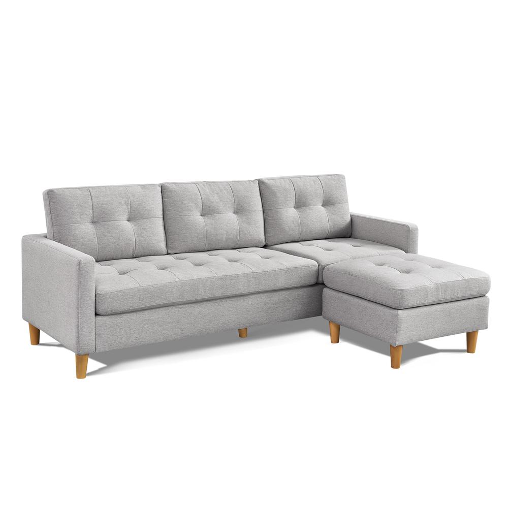 Two Piece Upholstered Tufted L Shaped Sectional with Ottoman in Light Grey. Picture 1