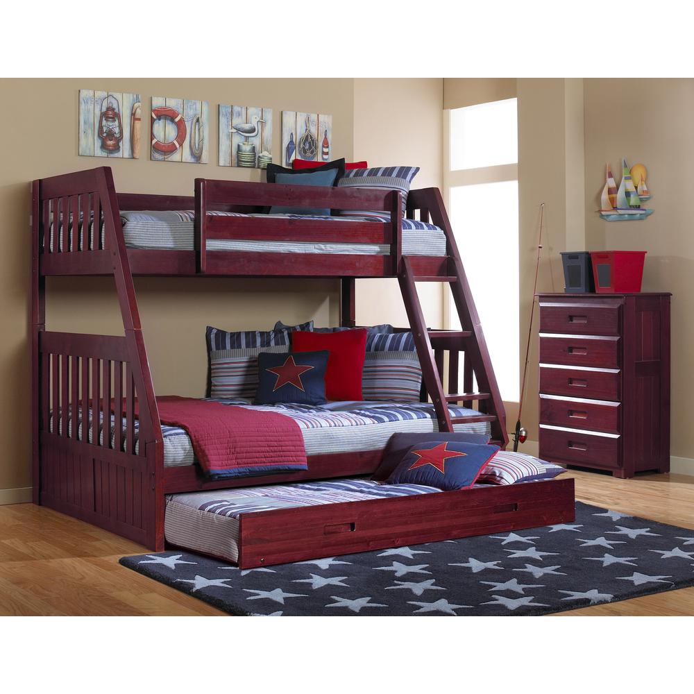 American Furniture Classics Model 2818 Trund Solid Pine Mission Twin Over Full Bunk Bed With Roll Out Trundle In Rich Merlot, American Furniture Classics Bunk Beds