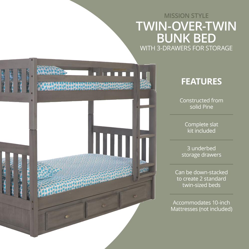 Solid Pine Twin/Twin Bunk Bed with Three Drawers in Charcoal Gray. Picture 6