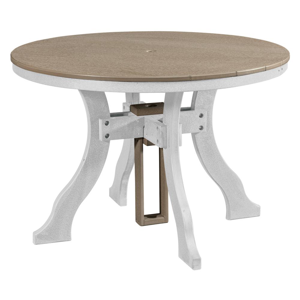 Dining Height Round Table in Weatherwood with a White Base. Picture 1