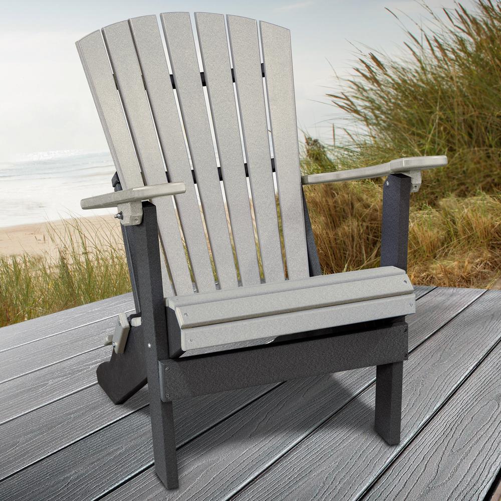 Fan Back Folding Adirondack Chair Made in the USA- Light Gray, Black. Picture 2