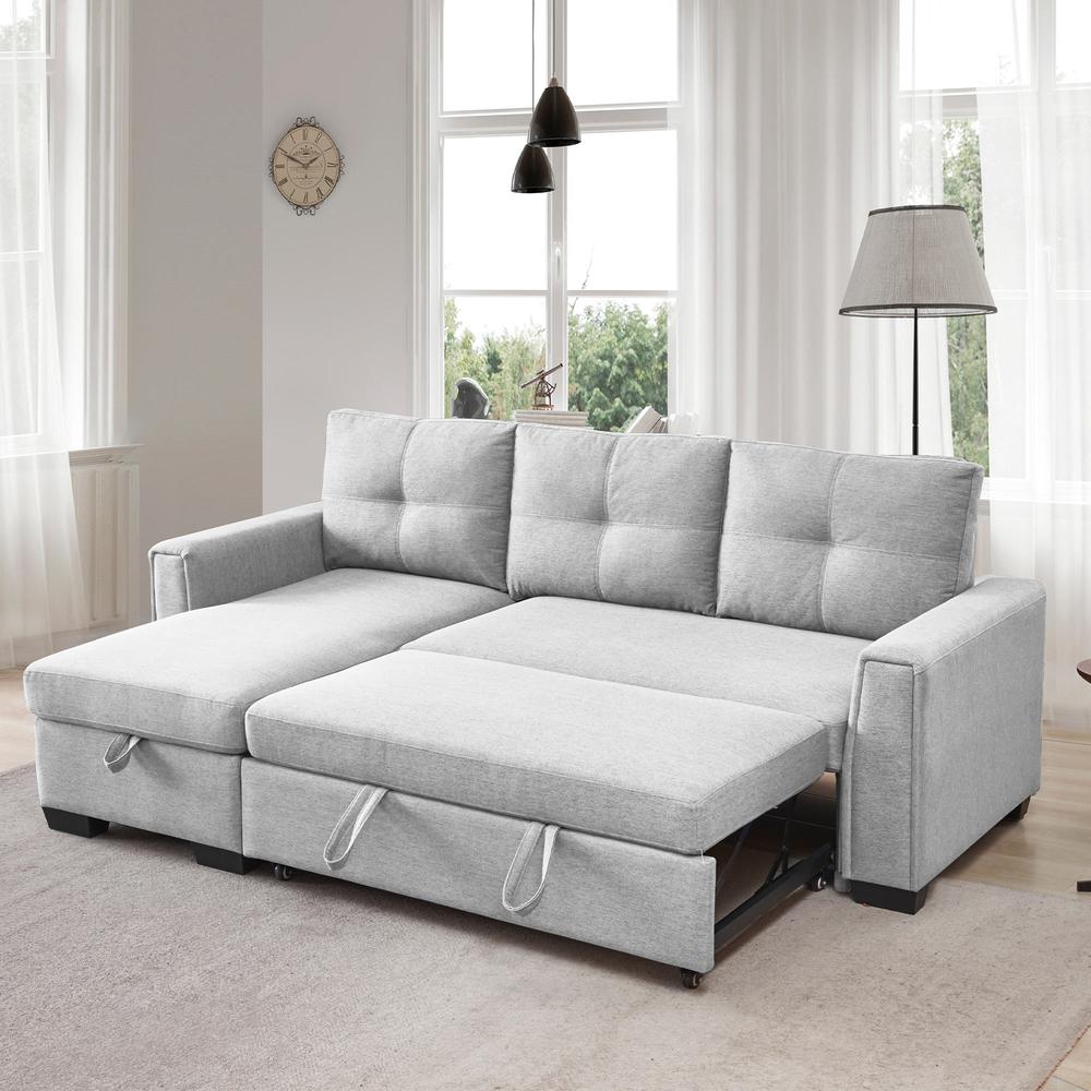 Tufted Sectional Chaise Sofa Sleeper with Storage in Light Grey. Picture 8