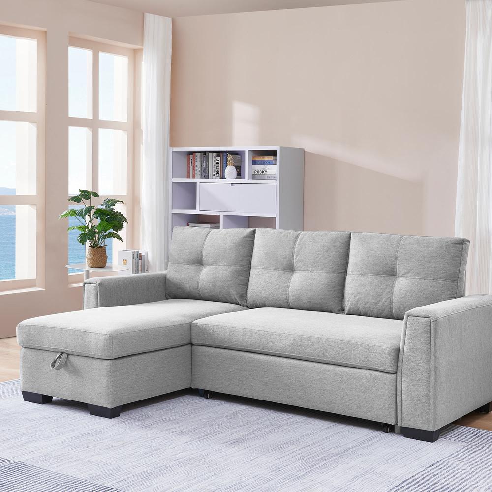 Tufted Sectional Chaise Sofa Sleeper with Storage in Light Grey. Picture 14