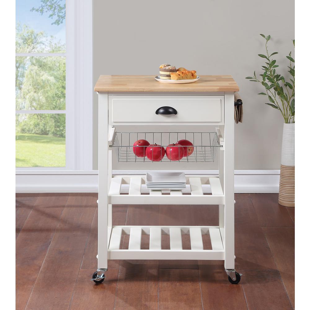 OS Home and Office Furniture Model HMPNW-11 Hampton Kitchen Cart in White with Solid Rubberwood Top. Picture 3