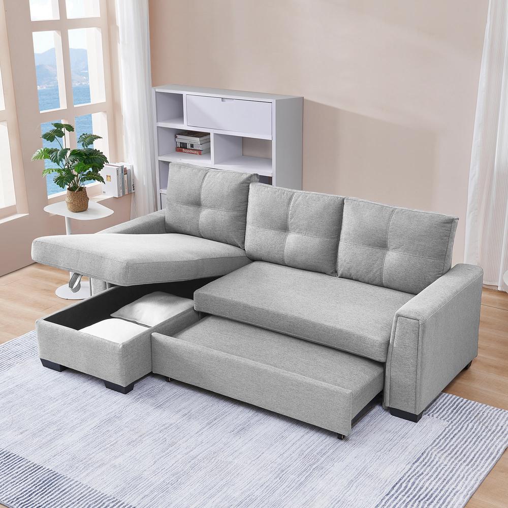 Tufted Sectional Chaise Sofa Sleeper with Storage in Light Grey. Picture 7