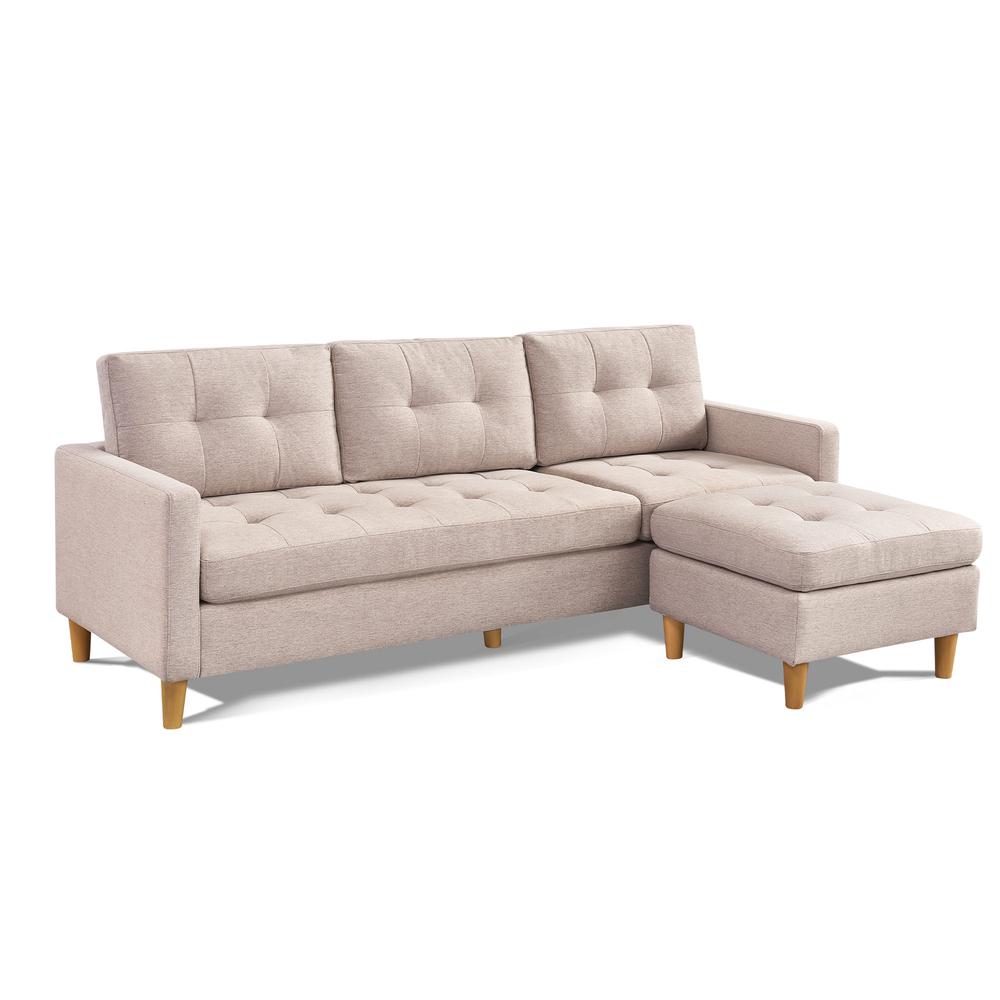 Two Piece Upholstered Tufted L Shaped Sectional with Ottoman in Beige. Picture 1