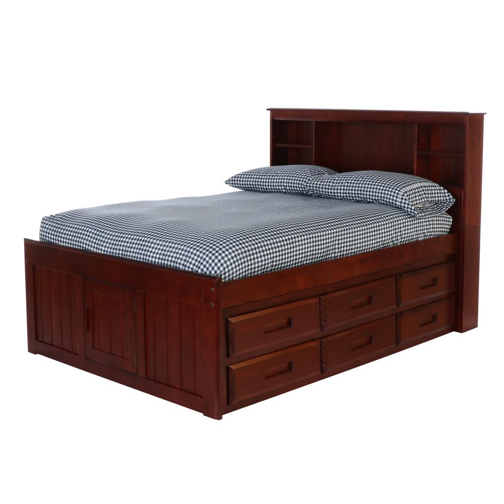 OS Home and Office Furniture Model 82821K6-22 Solid Pine Full Captains Bookcase Bed with 6 drawers in Rich Merlot. Picture 2