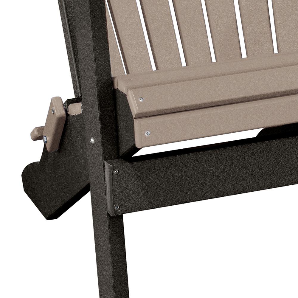 OS Home and Office Model 519WWBK Fan Back Folding Adirondack Chair in Weatherwood with a Black Base, Made in the USA. Picture 6