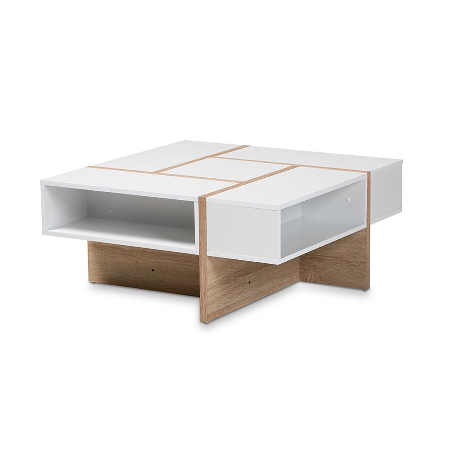 Rasa Modern and Contemporary Two-Tone White and Oak Finished Wood Coffee Table. Picture 1