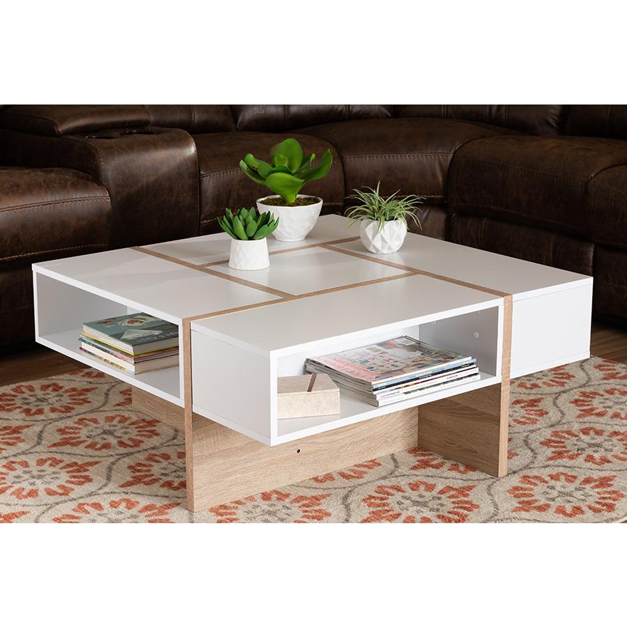 Baxton Studio Rasa Modern and Contemporary Two-Tone White and Oak Finished Wood Coffee Table. Picture 2