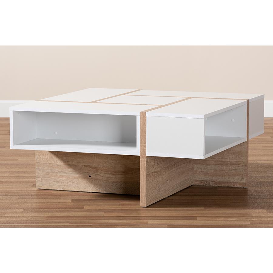 Rasa Modern and Contemporary Two-Tone White and Oak Finished Wood Coffee Table. Picture 6