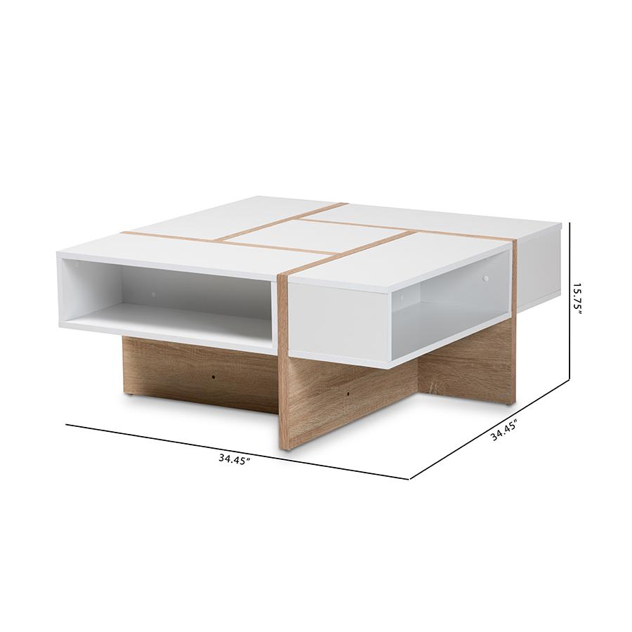 Rasa Modern and Contemporary Two-Tone White and Oak Finished Wood Coffee Table. Picture 7